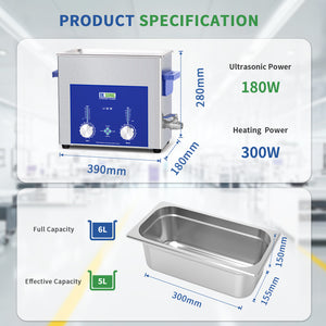 DK SONIC Industrial Ultrasonic Cleaner 6L,180W Commercial Sonic Cleaner with Encoded Timer,Heater&Basket, Multiple Functions for Carburetors, Motorcycle Engines, Chains